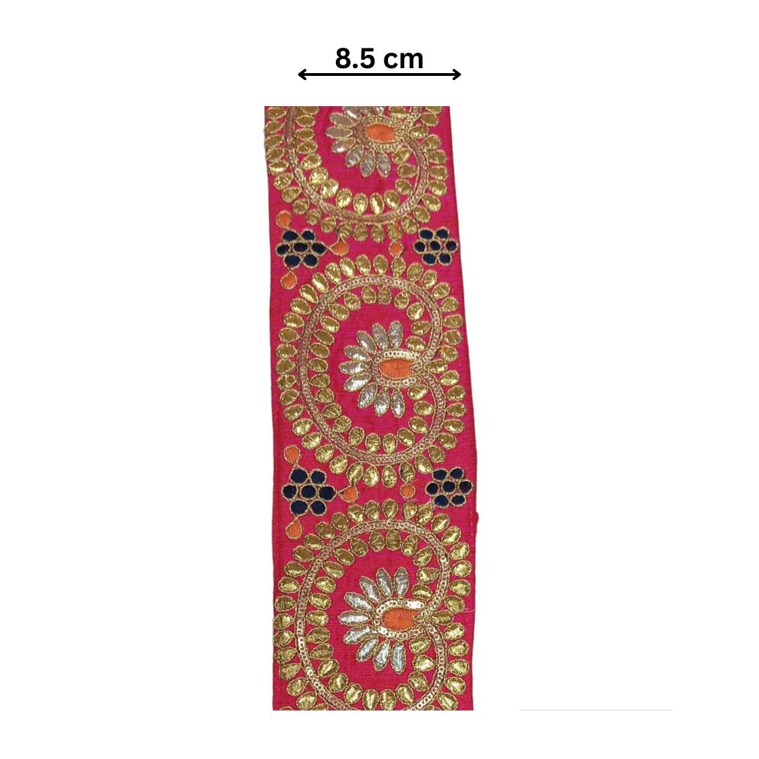 Heerana Paisley Zardozi Lace – Rani Pink (Comes in 9 Meters)