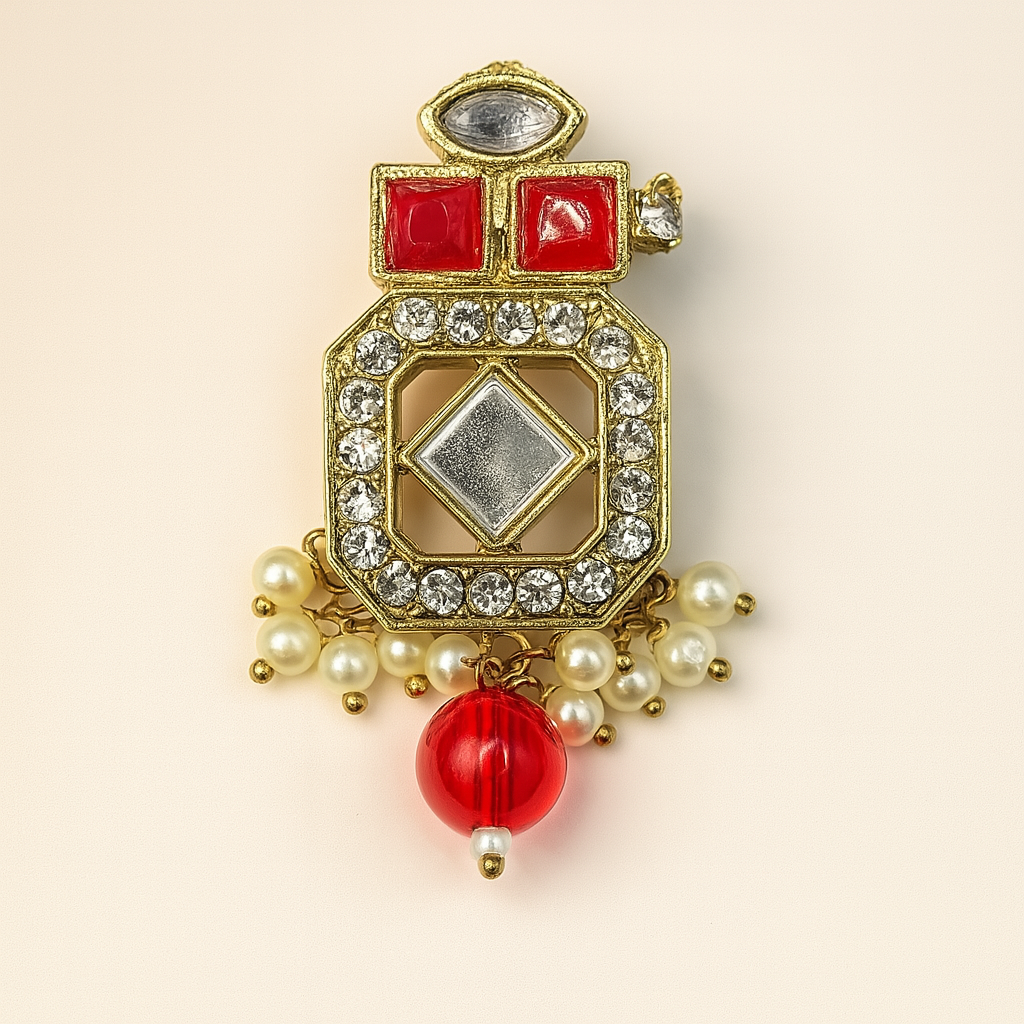Ruby Red Kundan Pearl Drop Button