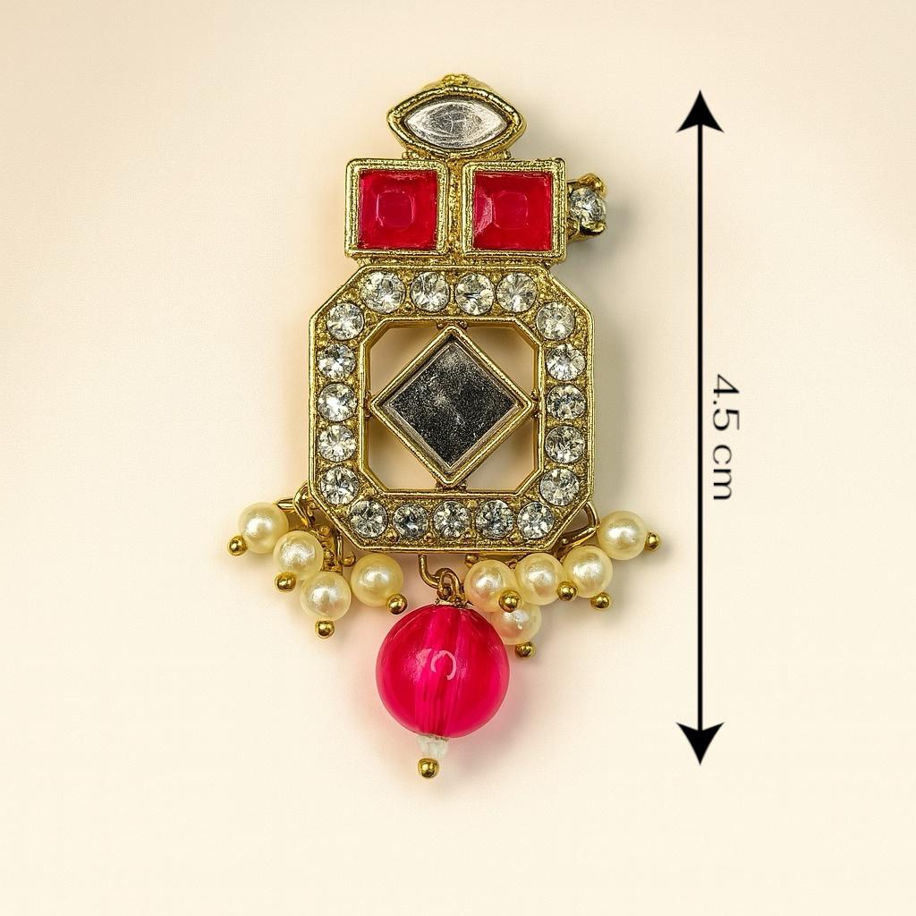 Ruby Red Kundan Pearl Drop Button
