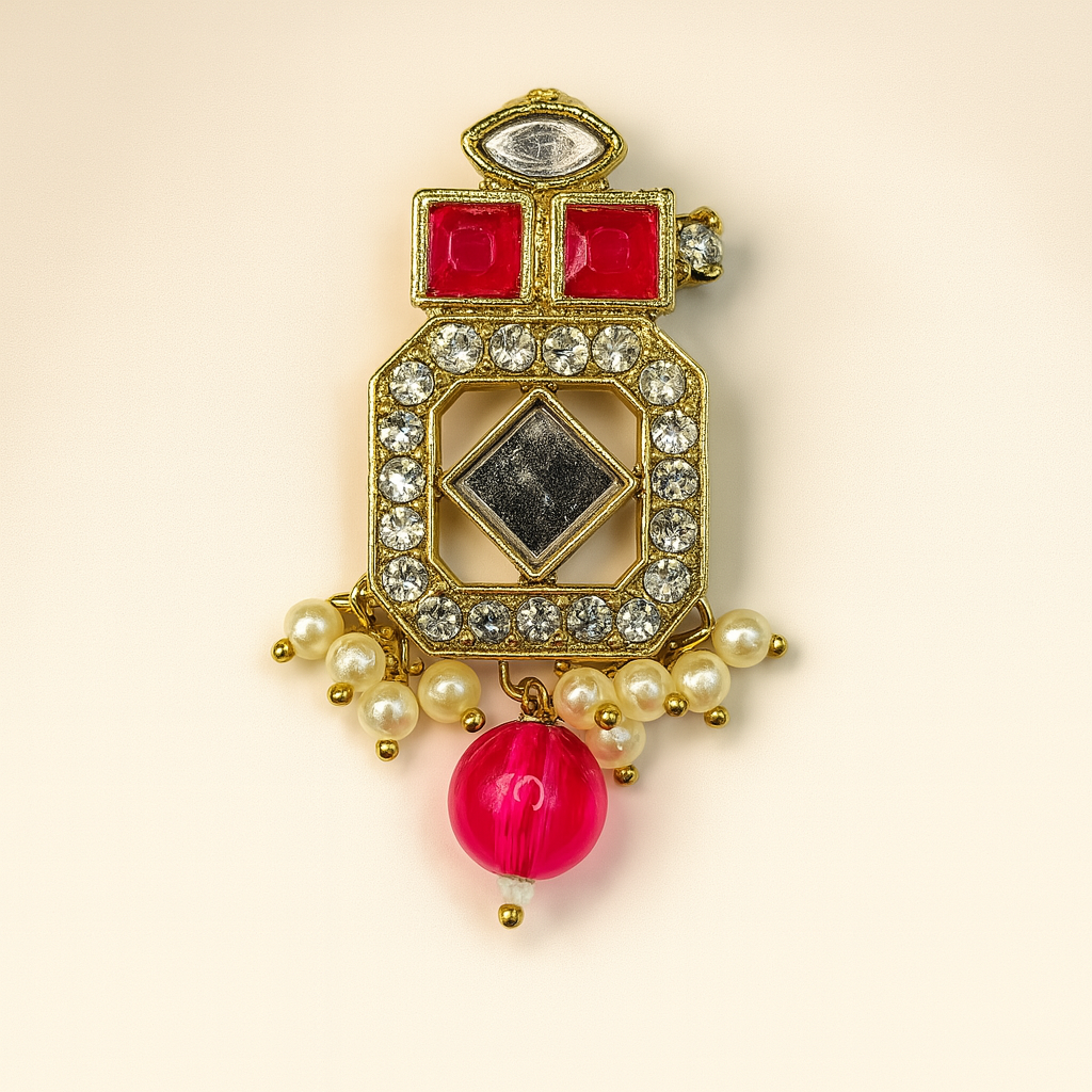 Majestic Red Kundan Mirror Button with Pearl Tassels