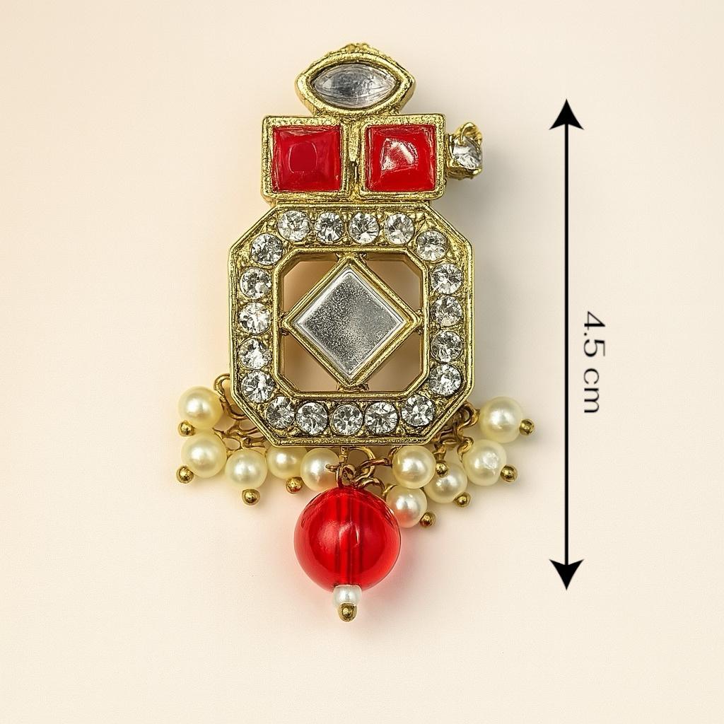Majestic Red Kundan Mirror Button with Pearl Tassels