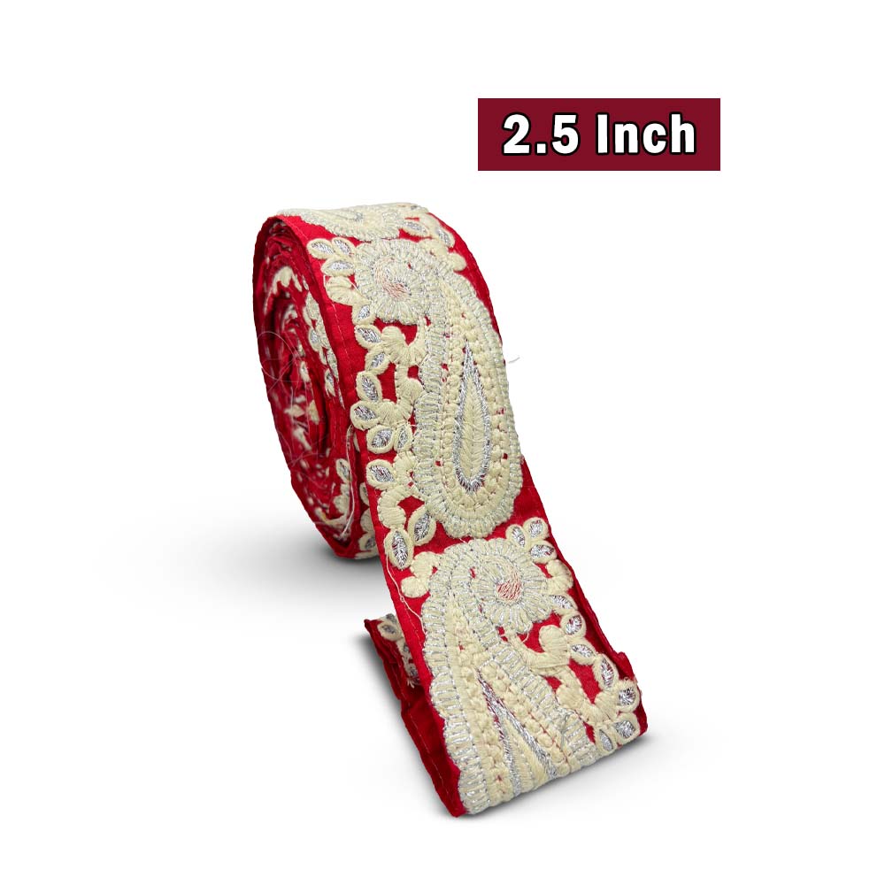 Crimson Red Paisley Embroidered Border (Comes in 9 Meters)