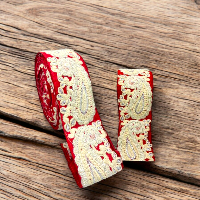 Crimson Red Paisley Embroidered Border (Comes in 9 Meters)