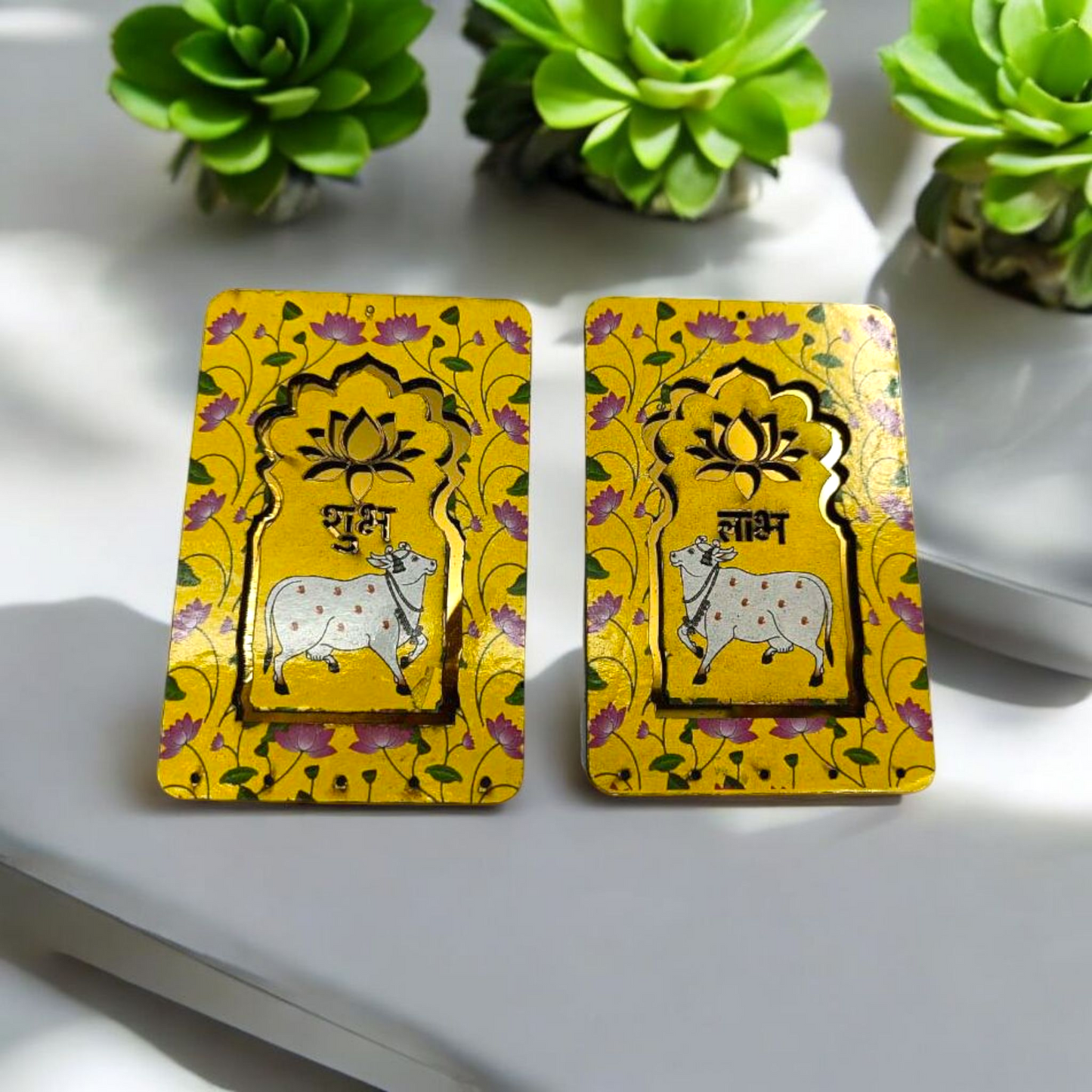 Shubh Labh Floral Cow Frame – Yellow