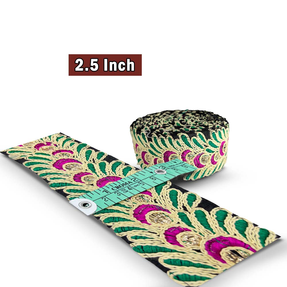 Black Peacock Feather Motif Embroidered Border (Comes in 9 Meters)