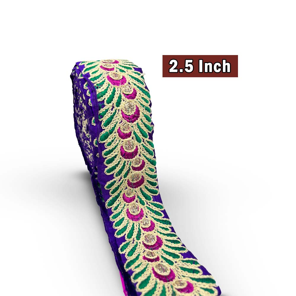 Royal Purple Peacock Feather Motif Embroidered Border (Comes in 9 Meters)
