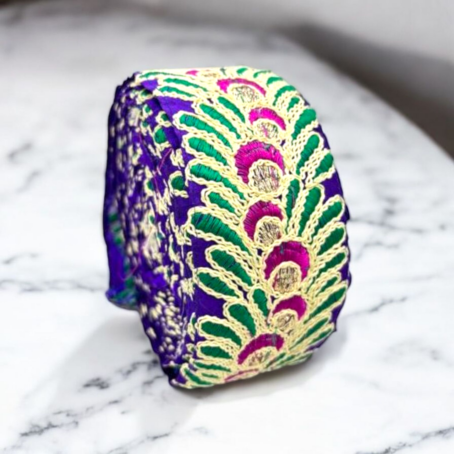 Royal Purple Peacock Feather Motif Embroidered Border (Comes in 9 Meters)