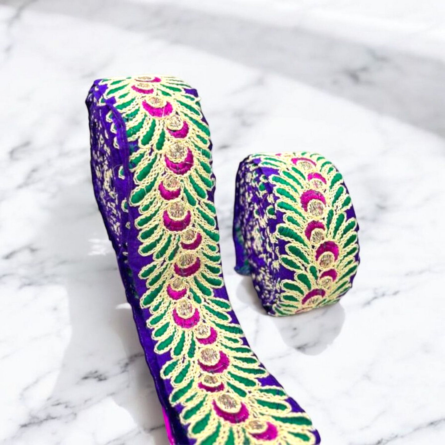 Royal Purple Peacock Feather Motif Embroidered Border (Comes in 9 Meters)