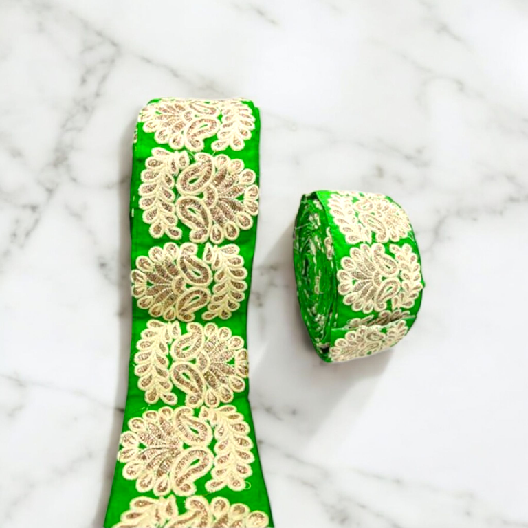 Emerald Green Traditional Paisley Zari Embroidered Border (Comes in 9 Meters)