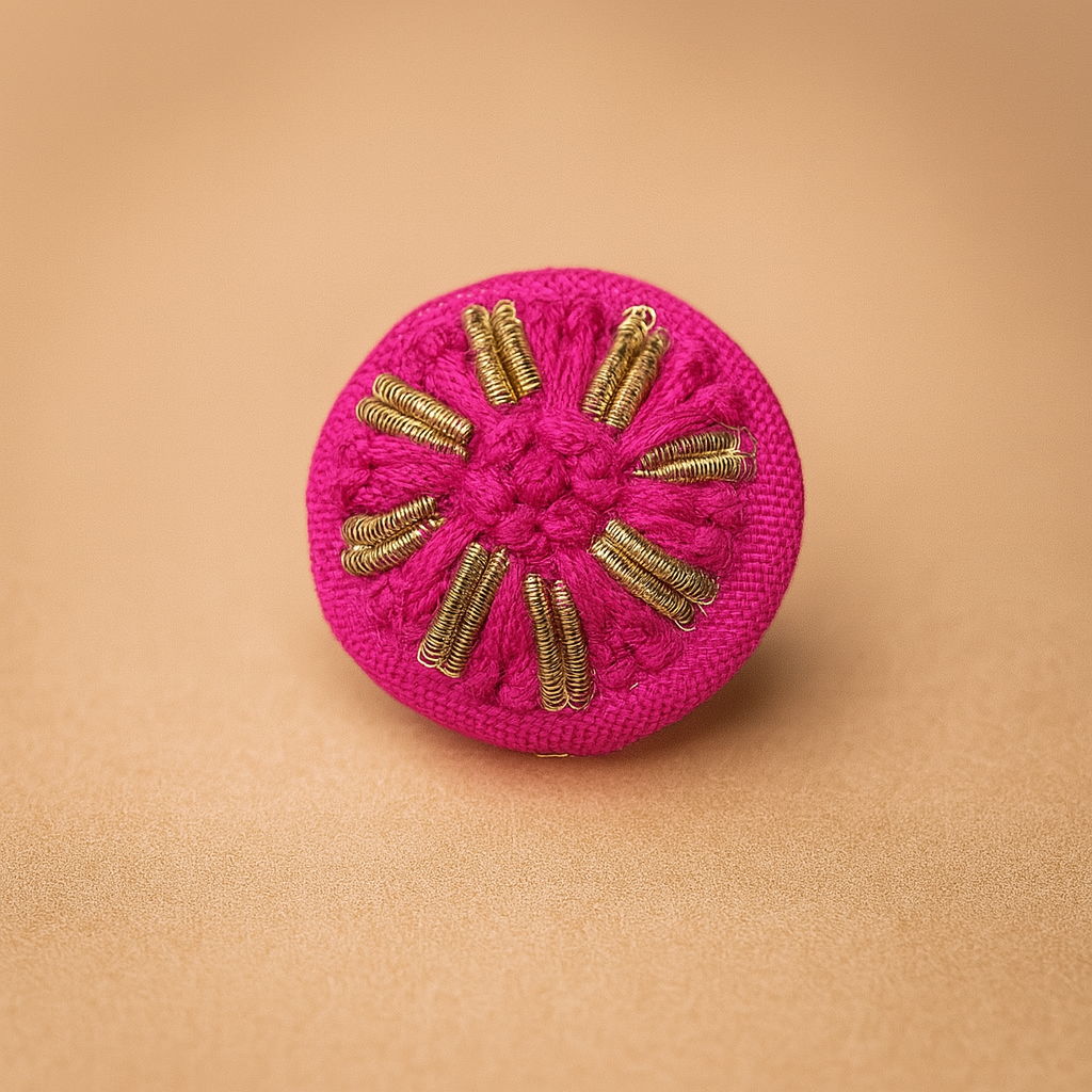 Hot Pink Hand-Embroidered Button with Antique Gold Thread Detailing