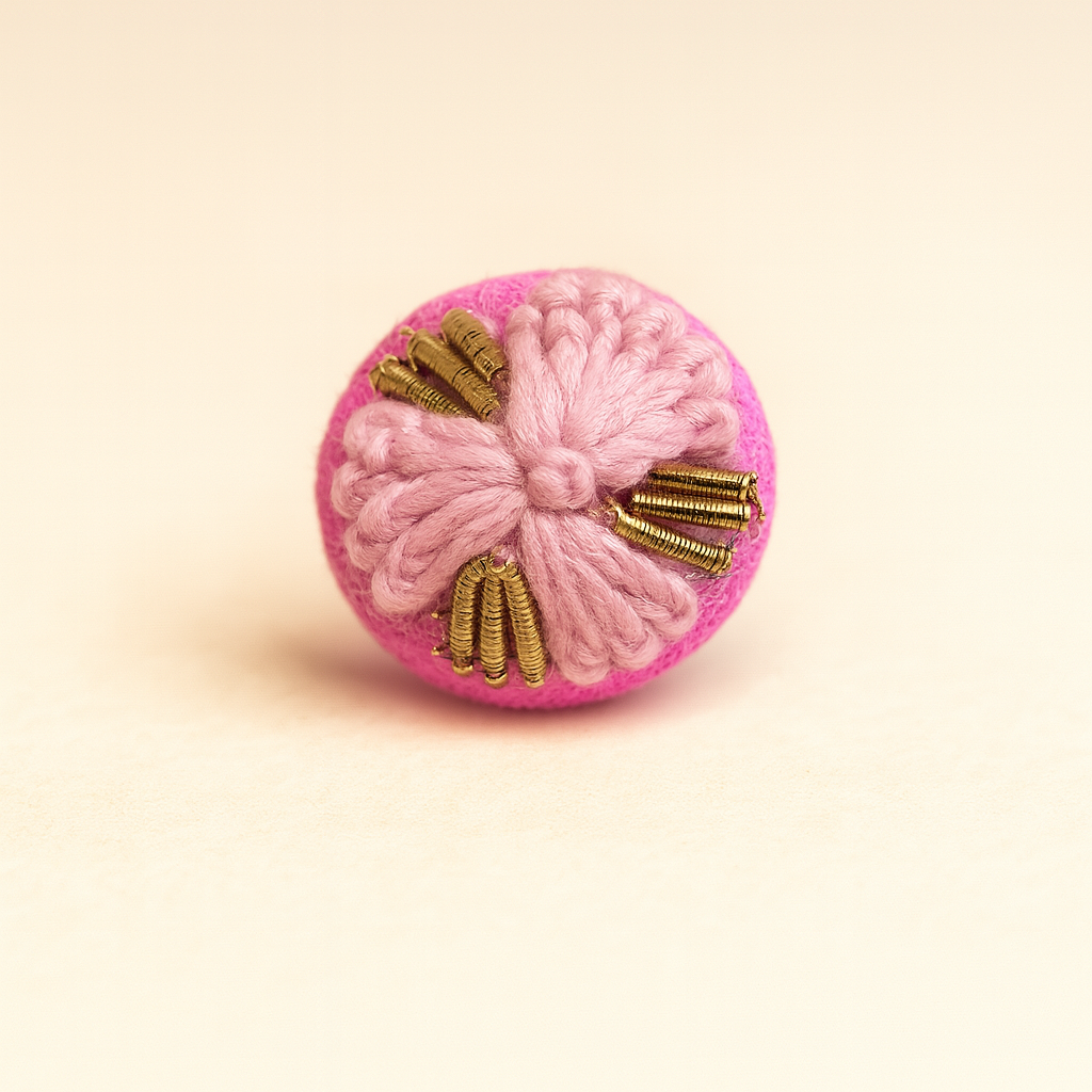 Blush Pink Handcrafted Wool Button with Golden Coil Accents
