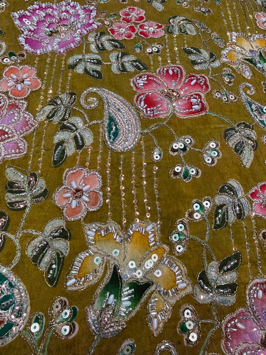 Antique Olive Bloom (Crape with cut dana work)