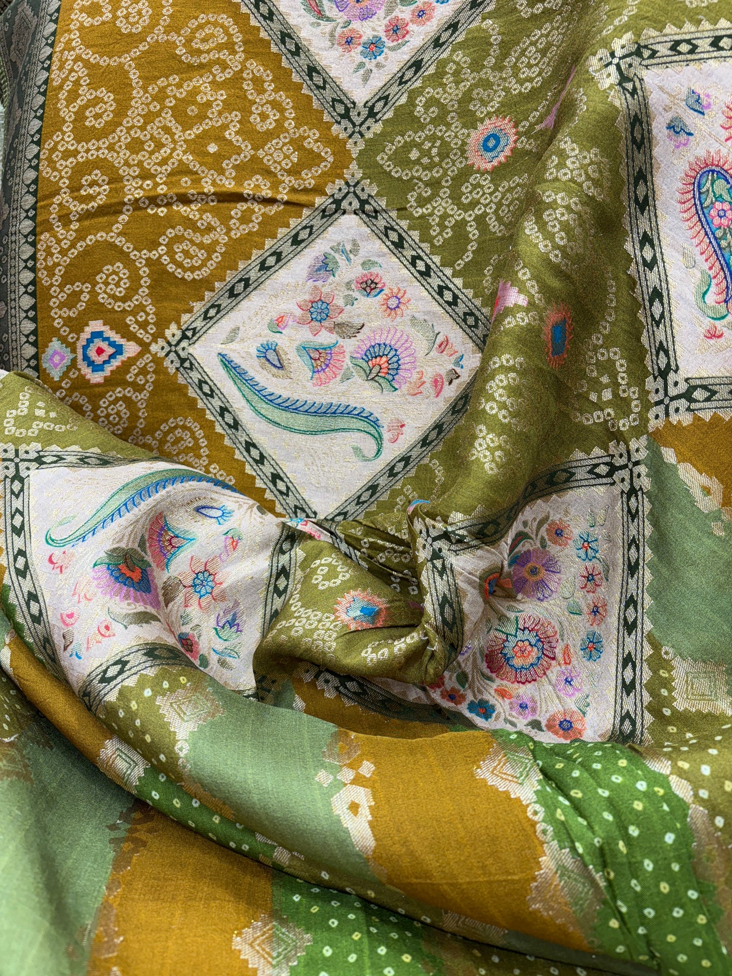 Royal Olive Tapestry (Banarasi with Bandhani Print)