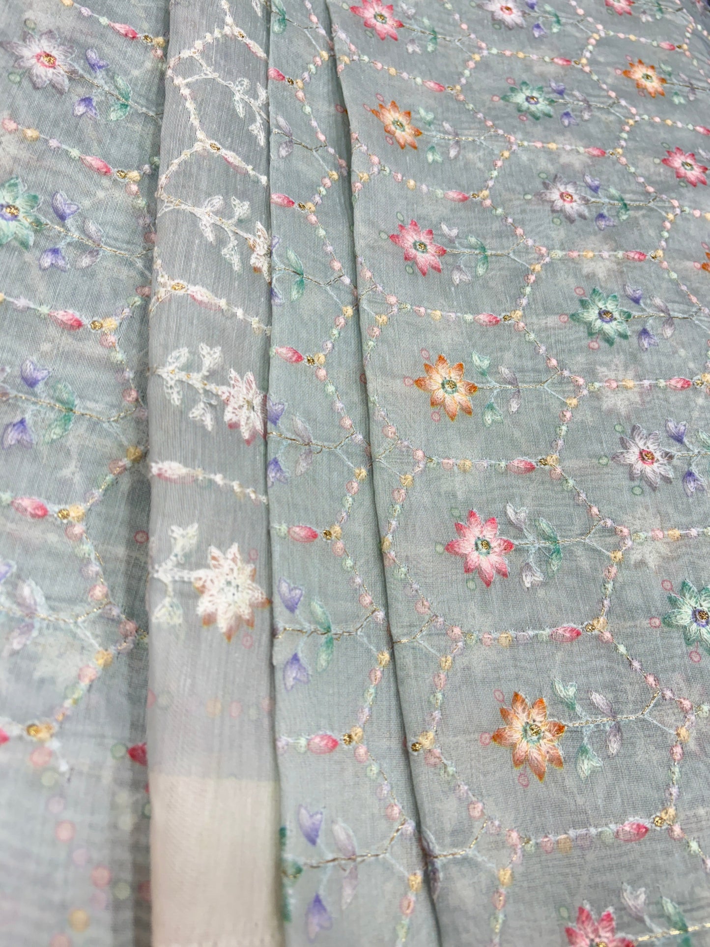 Pastel Garden Whisper (Chanderi with Position Print and Hand Embroidery)