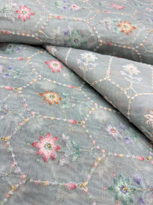 Pastel Garden Whisper (Chanderi with Position Print and Hand Embroidery)