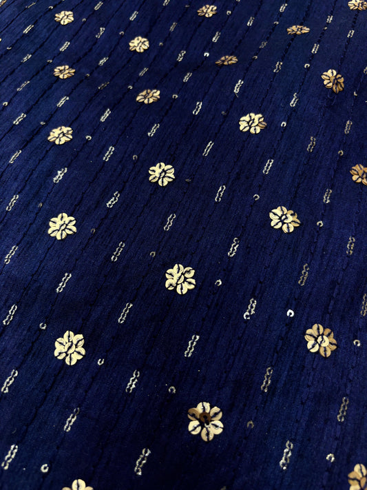 Blue Golden Bloom (Silk with Sequence Embroidery)