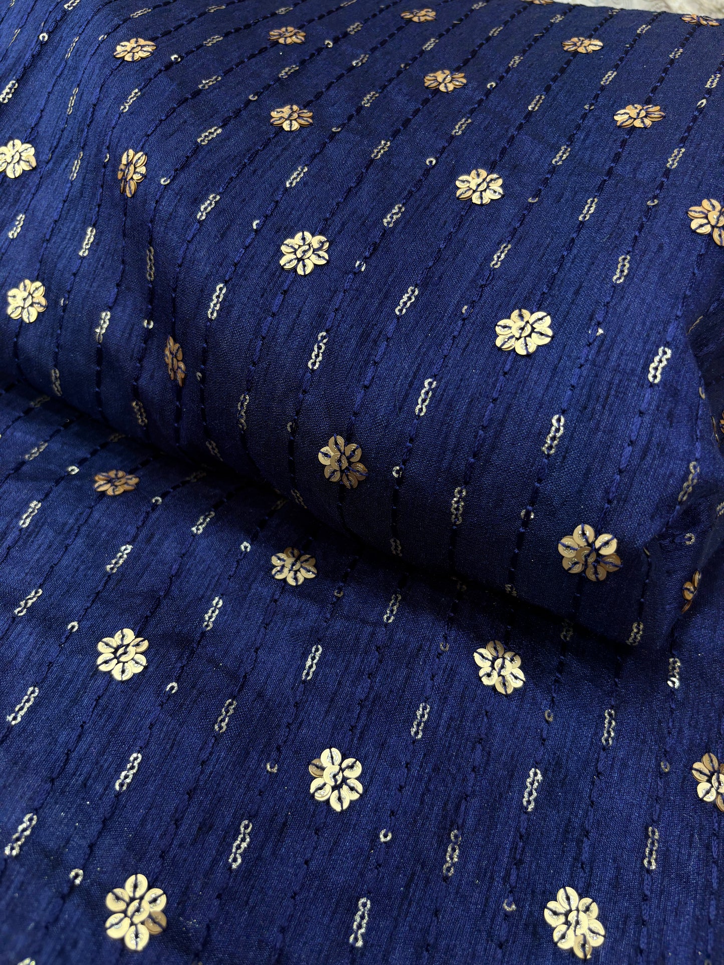 Blue Golden Bloom (Silk with Sequence Embroidery)