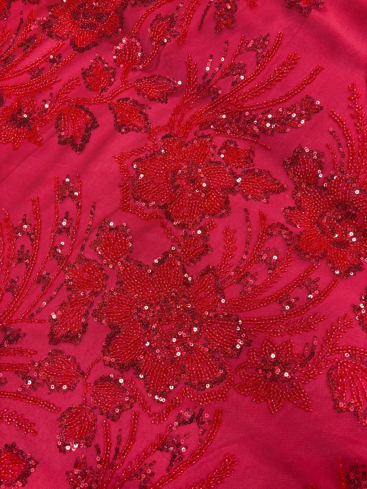Radiant Red Sequin Embroidered Net Fabric (Net with cut dana work)