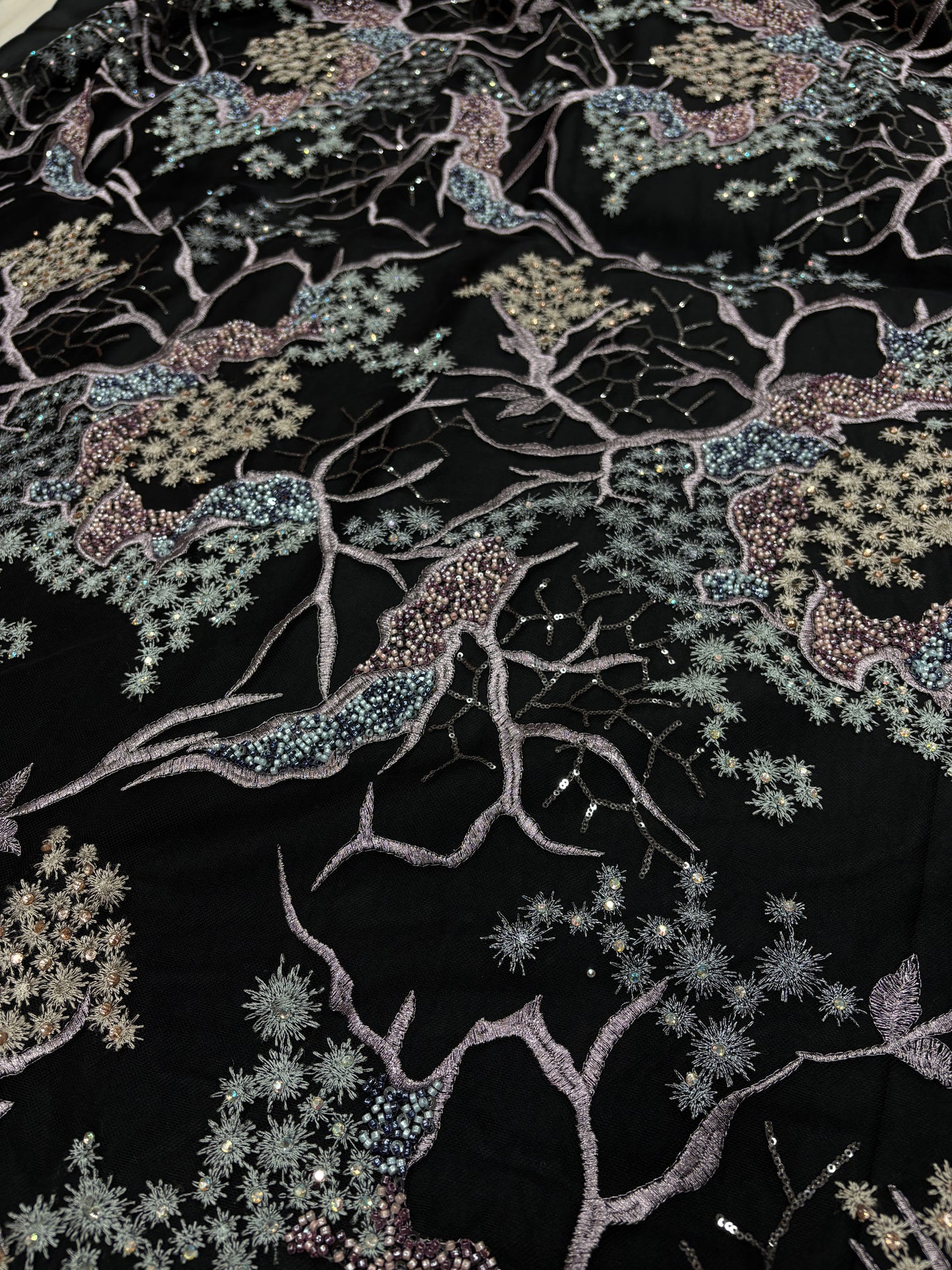 Enchanted Twilight Forest Embroidery on Net Net with cut dana work)