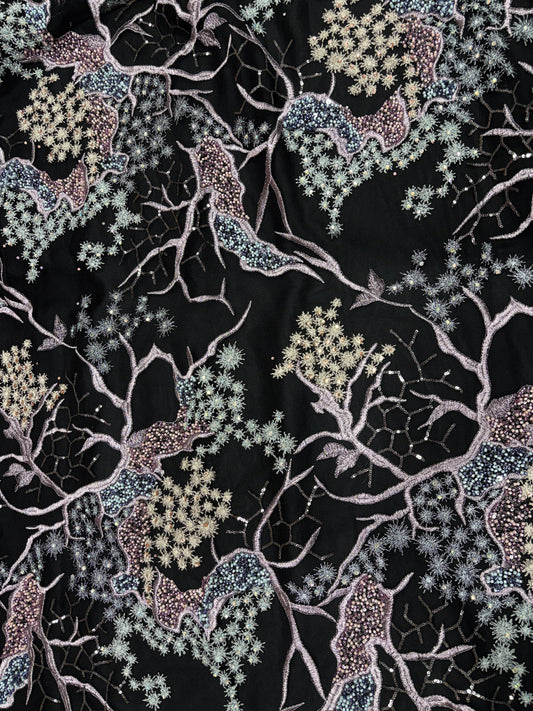 Enchanted Twilight Forest Embroidery on Net Net with cut dana work)