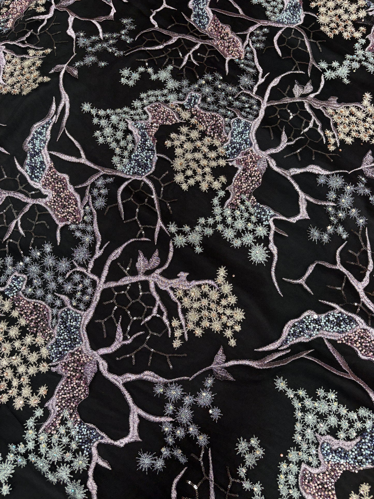 Enchanted Twilight Forest Embroidery on Net Net with cut dana work)