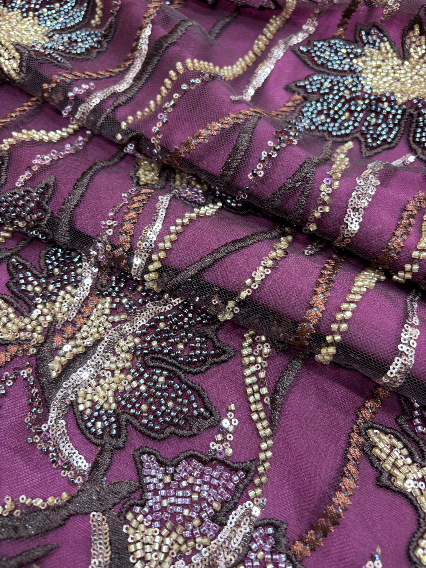 Royal Orchid Bloom Embroidered Net in Plum (Net with cut dana work)