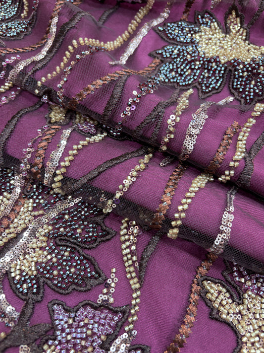 Royal Orchid Bloom Embroidered Net in Plum (Net with cut dana work)