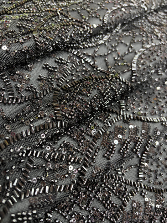 Midnight Spark Leaf Motif Embroidered Net (Net with cut dana work)