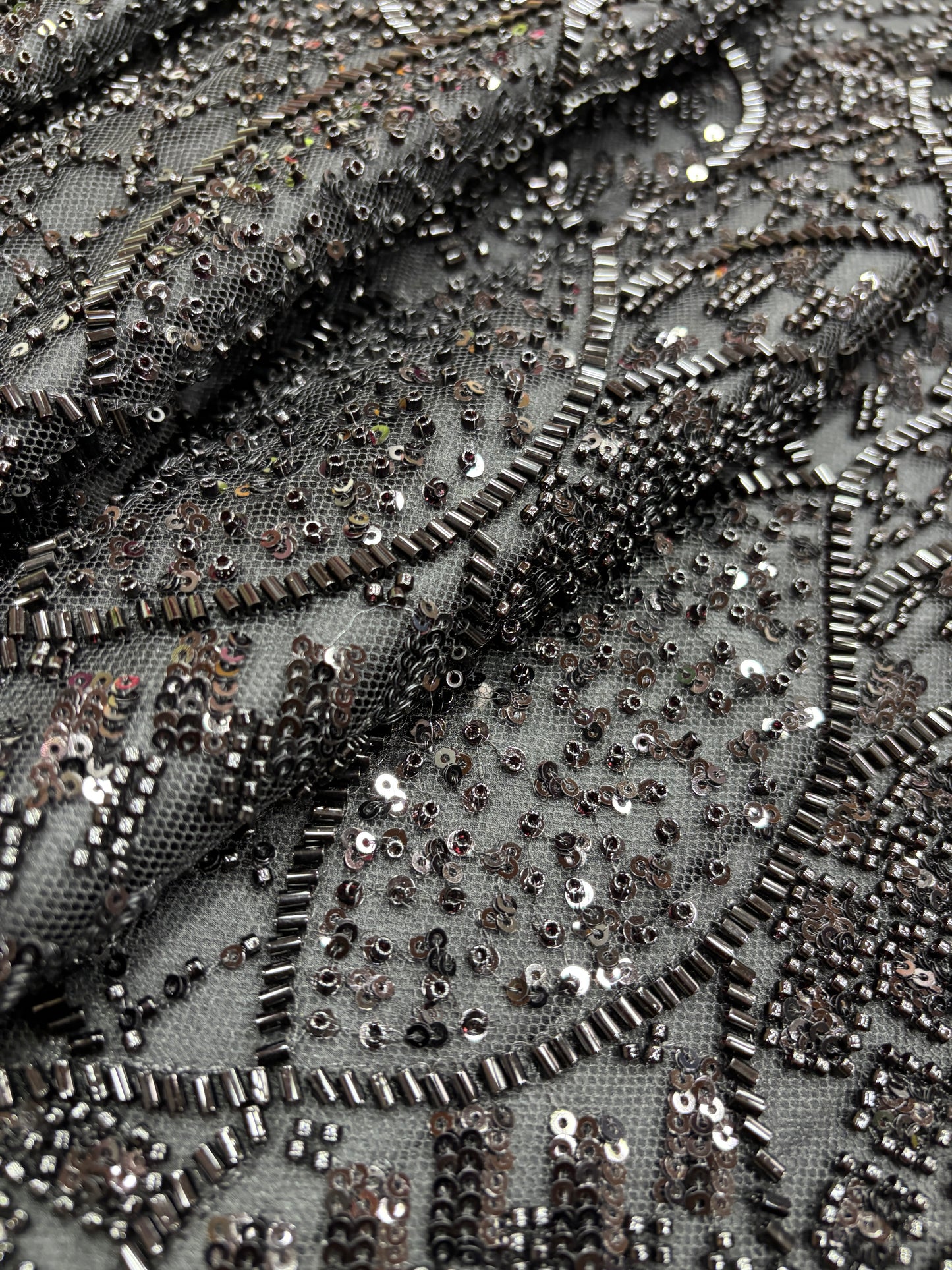 Midnight Spark Leaf Motif Embroidered Net (Net with cut dana work)