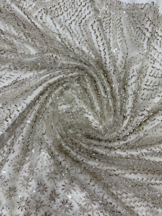 Crystal Bloom Radiance Embroidered White Net (Net with cut dana work)