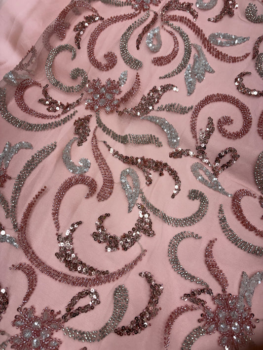 Rosé Whimsy Swirl Embroidered Net (Net with cut dana work)