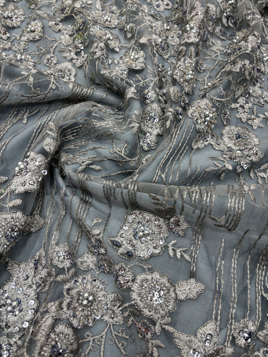 Moonlit Bloom Embroidered Net in Steel Grey (Net with cut dana work)