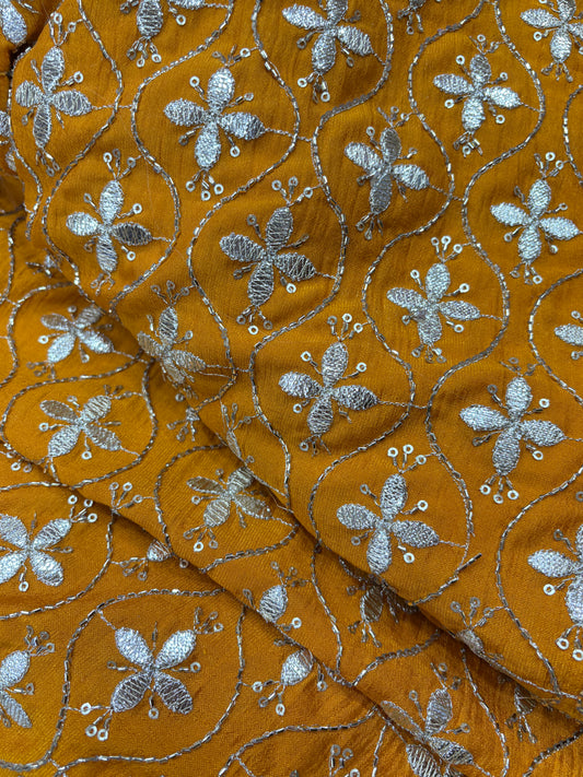 Mustard Bloom Mirror Embroidery on Silk Velvet (Silk Base with Gota Work)