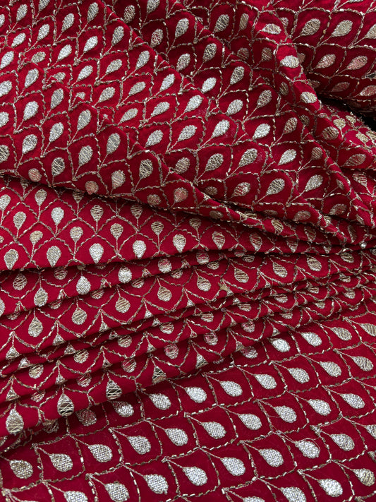 Crimson Gold Jaal Embroidered Velvet Fabric (Tissue with Gota Work)