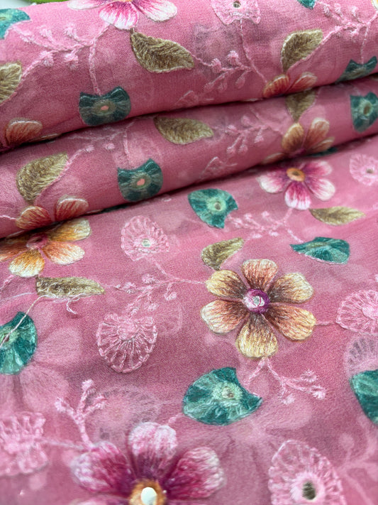 Rosy Bloom Embroidered Organza (Gorjet with Suta Work)