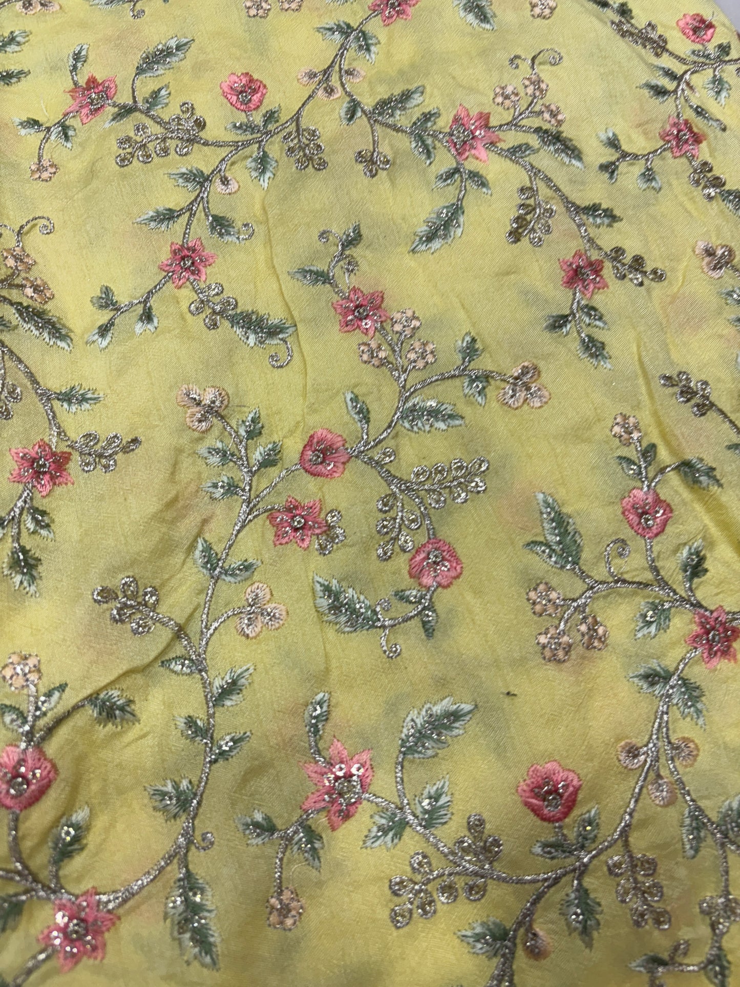 Lemon Green Floral Thread & Sequin Embroidered Tissue Fabric