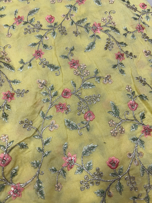 Lemon Green Floral Thread & Sequin Embroidered Tissue Fabric (Silk with Embroidery Work)