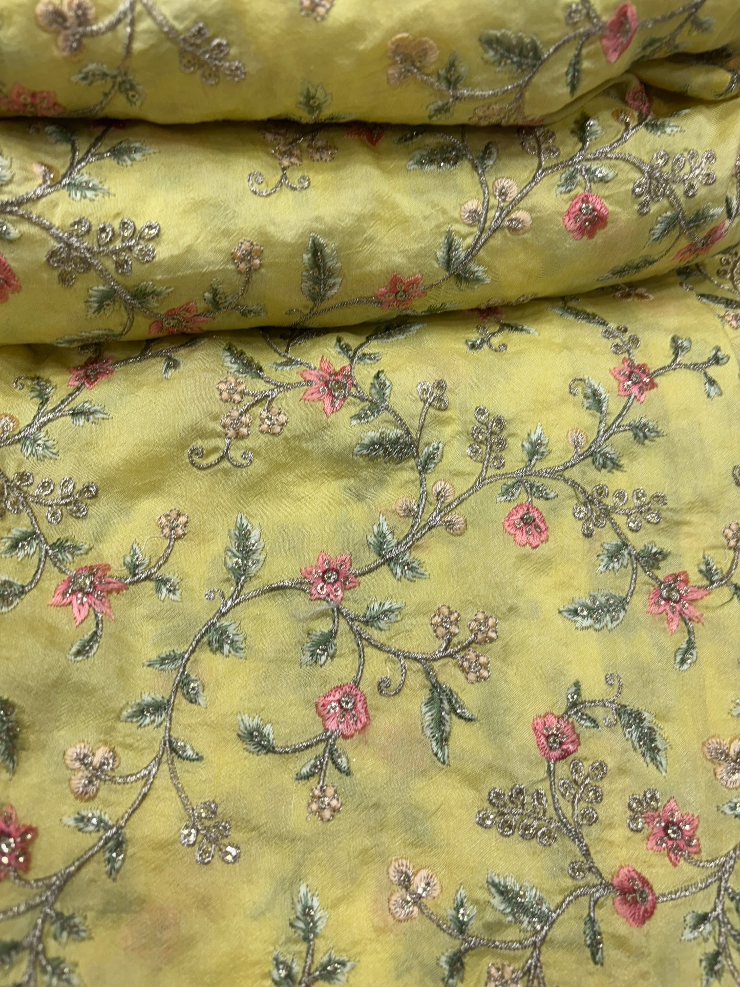 Lemon Green Floral Thread & Sequin Embroidered Tissue Fabric