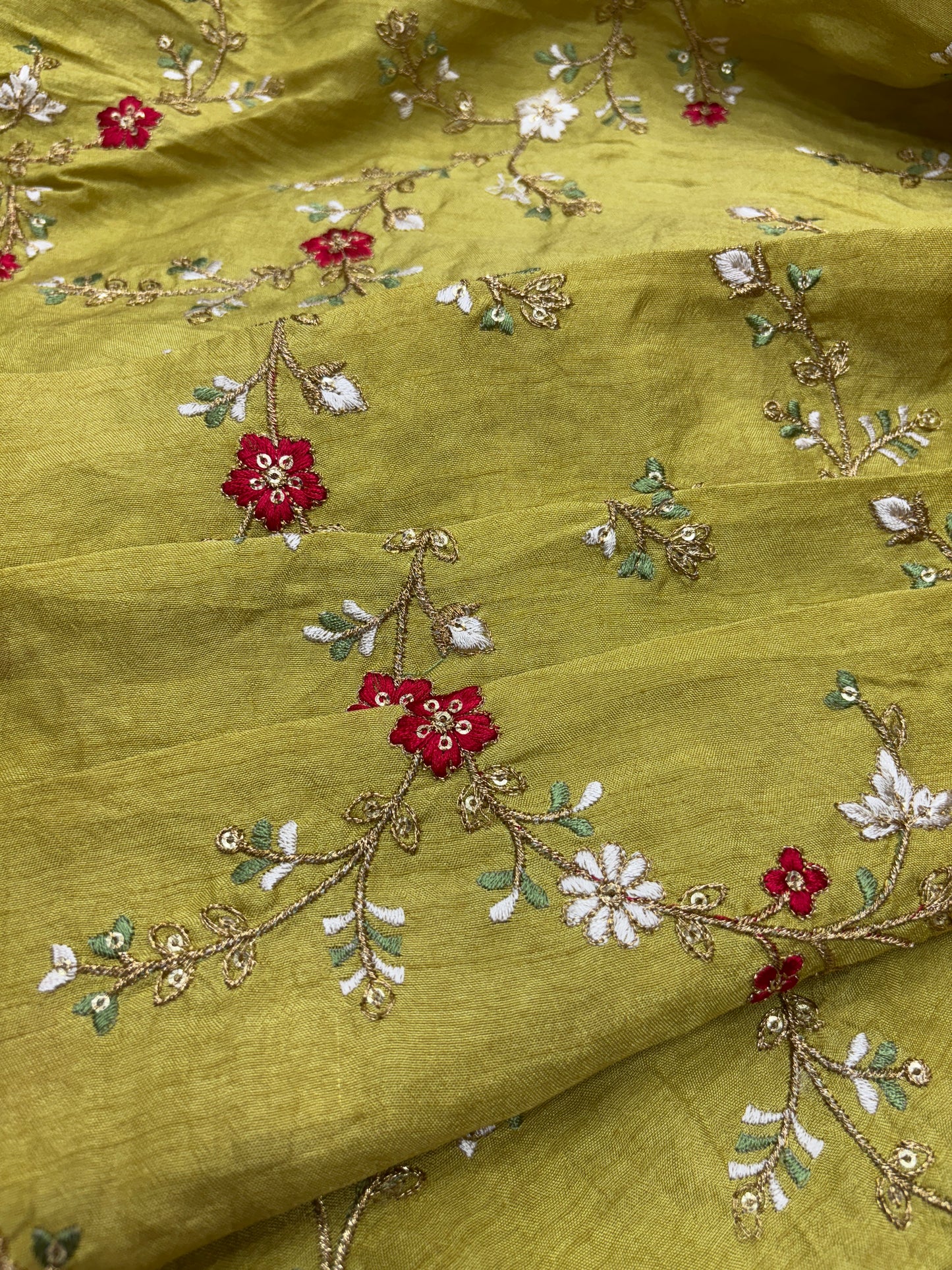 Sunbeam Mustard Floral Threadwork on Cotton Silk (Silk with Suta Work)