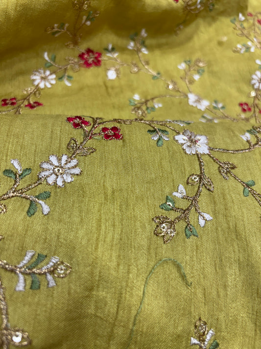 Sunbeam Mustard Floral Threadwork on Cotton Silk (Silk with Suta Work)