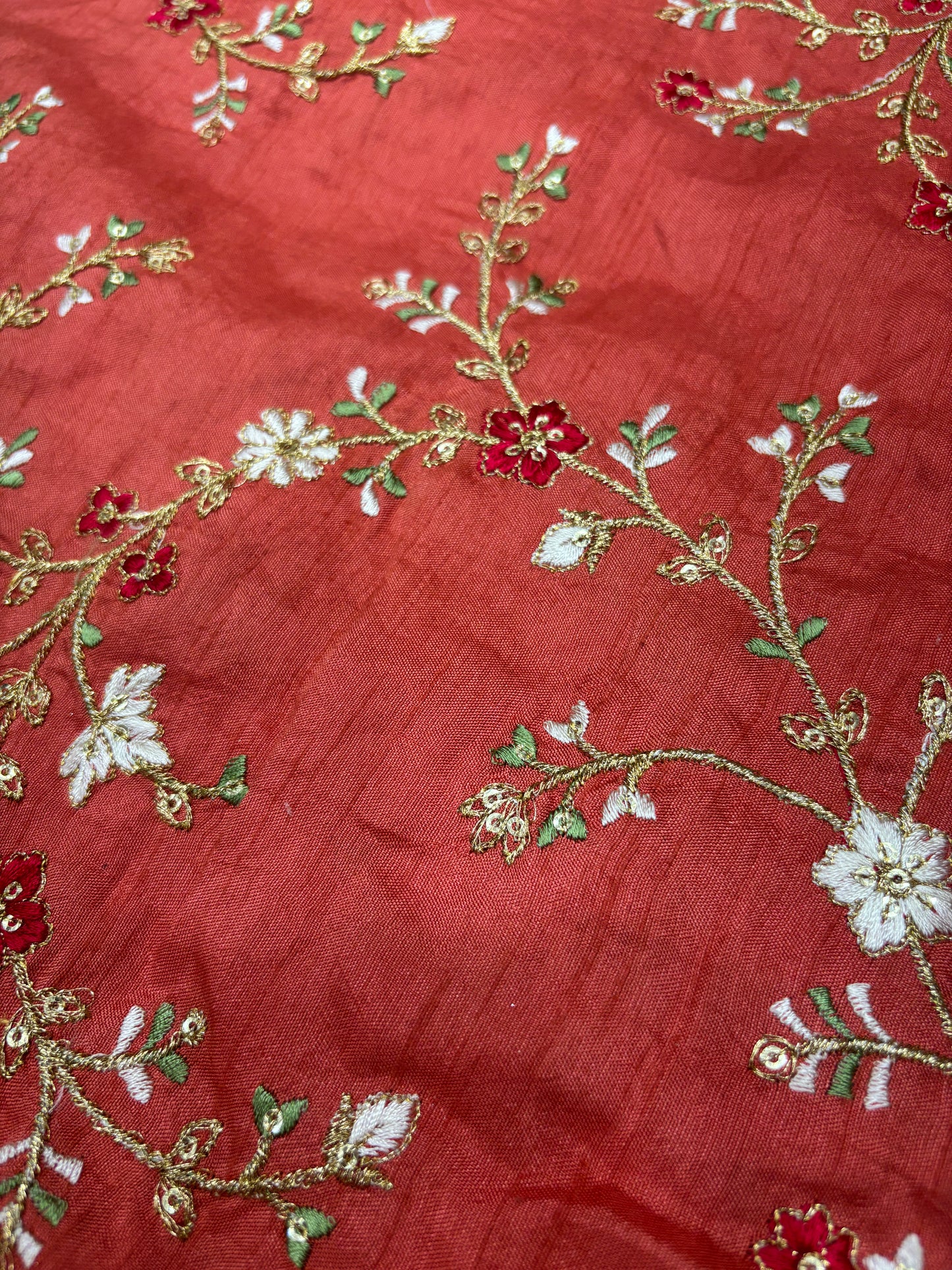 Brick Red Embroidered Slub Cotton Fabric