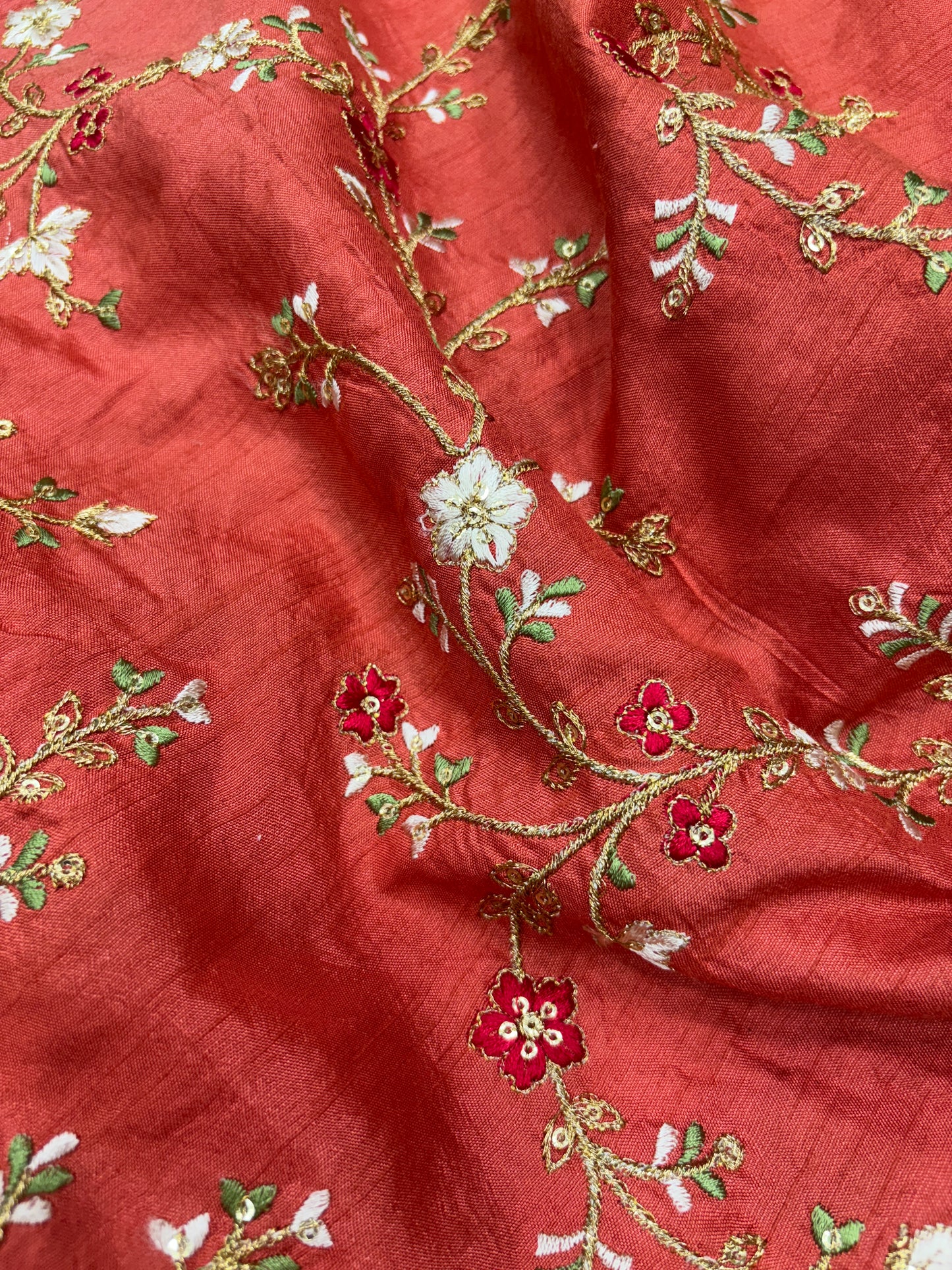 Brick Red Embroidered Slub Cotton Fabric