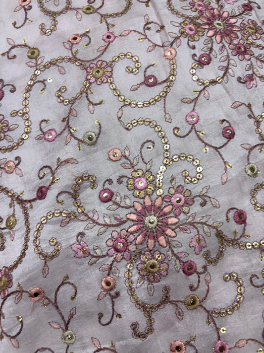 Shimmering Floral Embroidered Dusty Pink Silk Fabric (Silk with Suta Work)