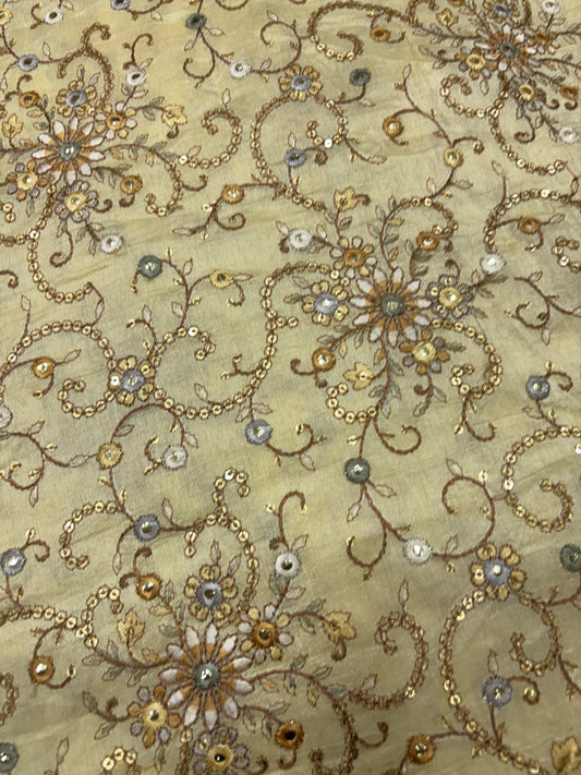 Shimmering Gold & Cream Floral Embroidered Silk Fabric (Silk with Suta and Mirror Work)
