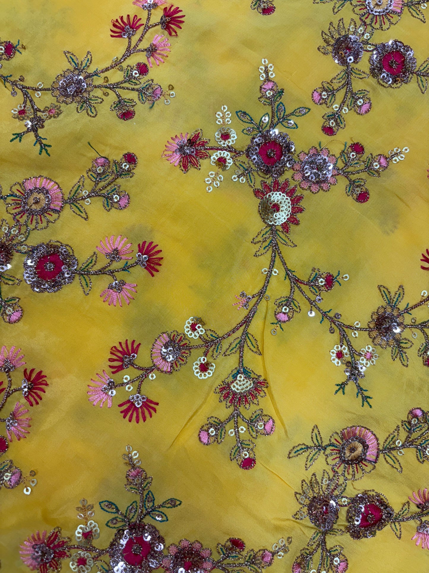 Exquisite Marigold Yellow Silk Blend Fabric with Pink Floral Embroidery & Sequin Work (Crape with Zari Work)