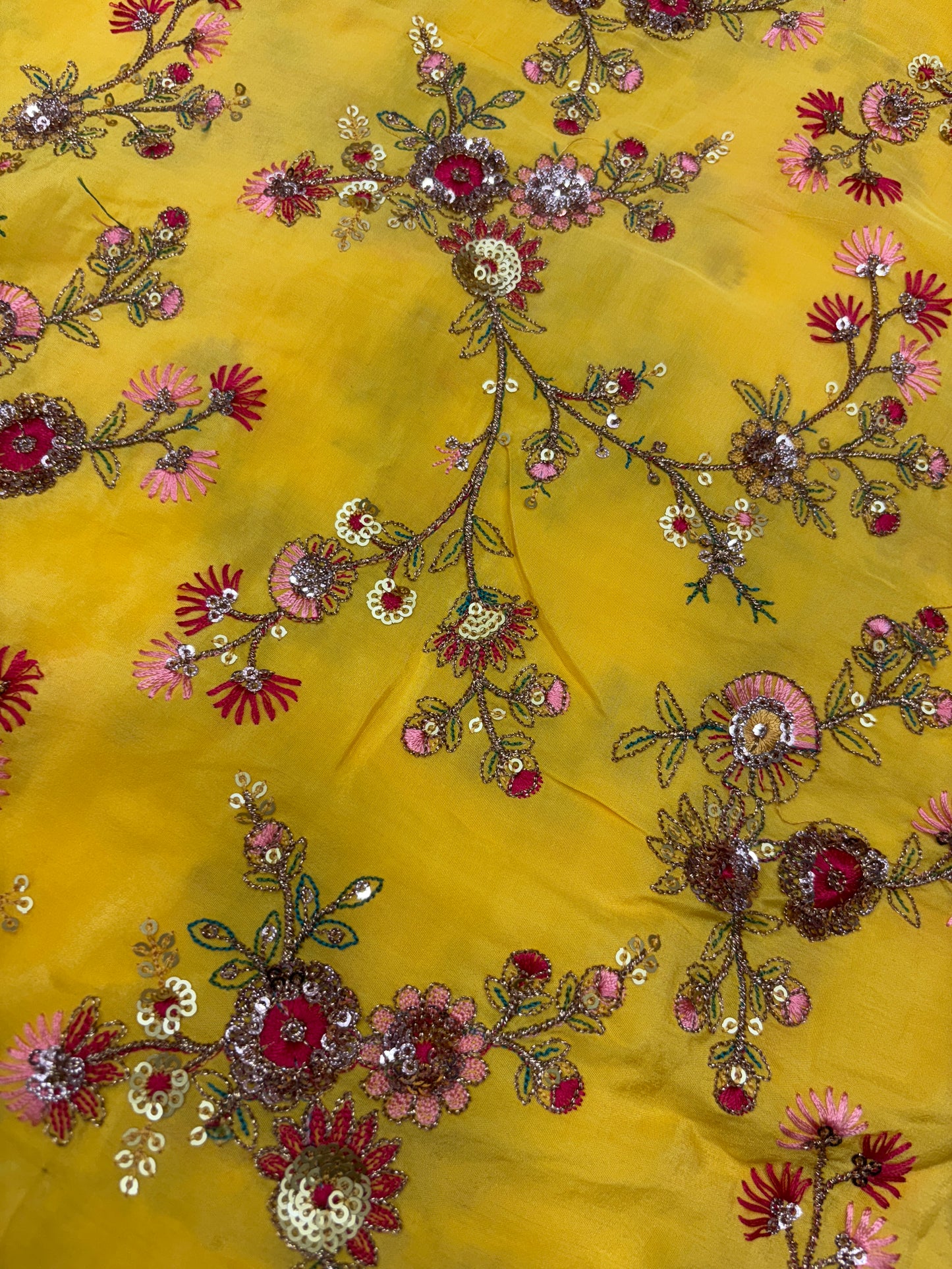 Exquisite Marigold Yellow Silk Blend Fabric with Pink Floral Embroidery & Sequin Work (Crape with Zari Work)
