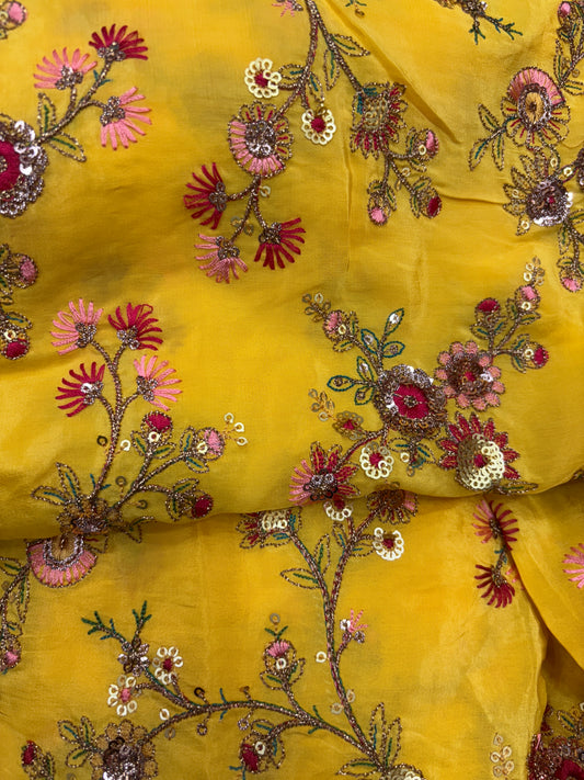 Exquisite Marigold Yellow Silk Blend Fabric with Pink Floral Embroidery & Sequin Work (Crape with Zari Work)