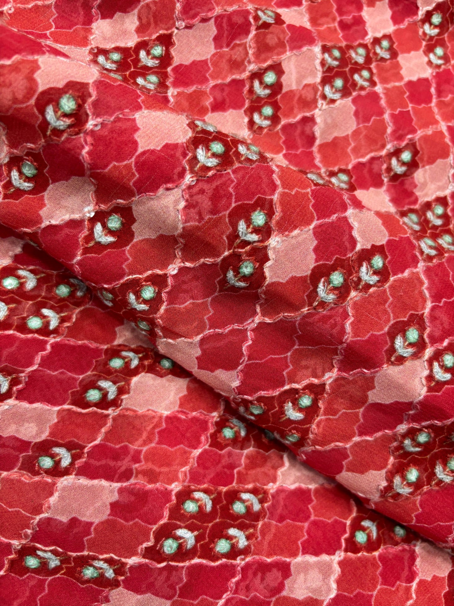 Rich Crimson Viscose Fabric with Teal & White Embroidered Motifs