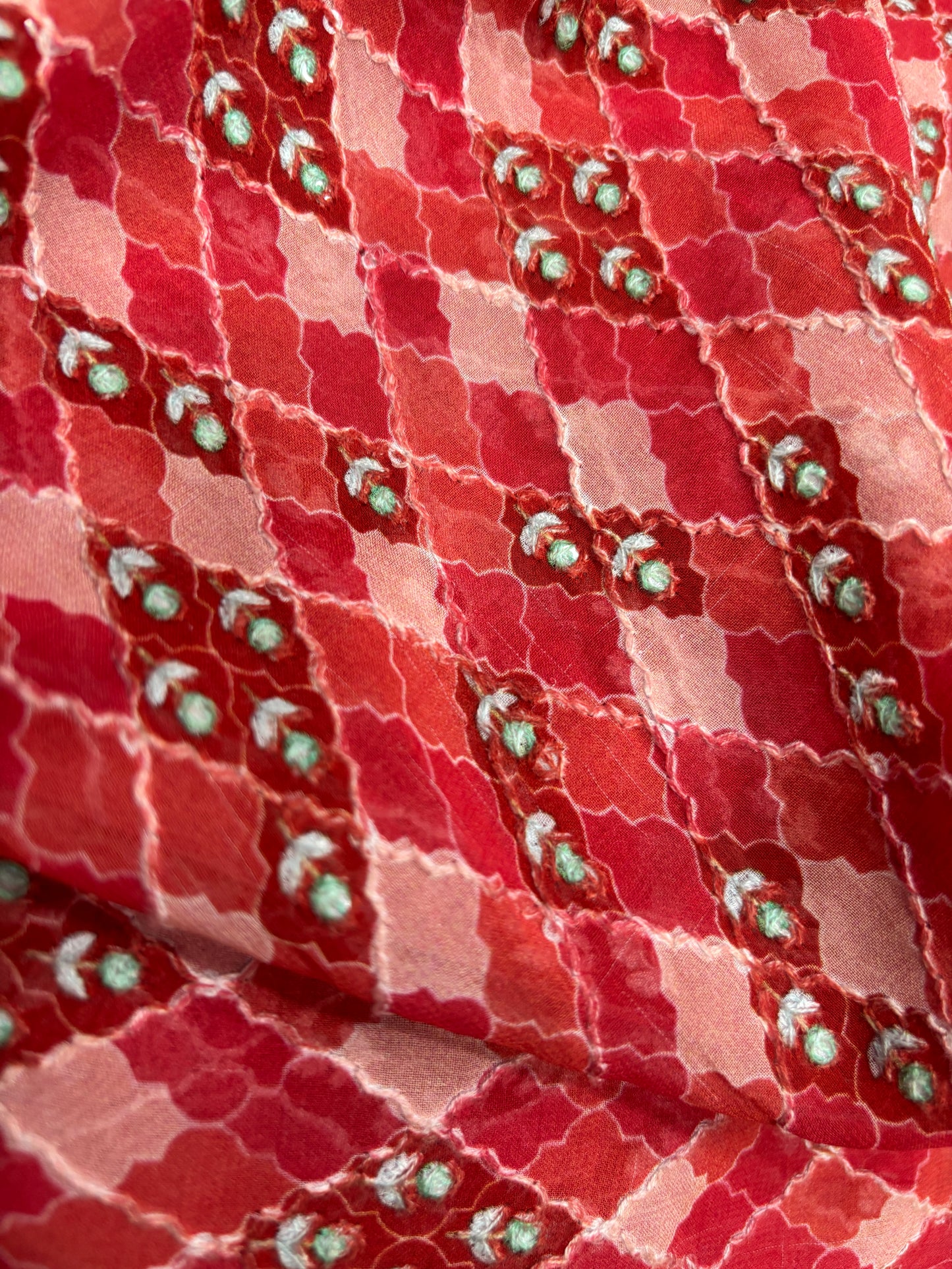Rich Crimson Viscose Fabric with Teal & White Embroidered Motifs