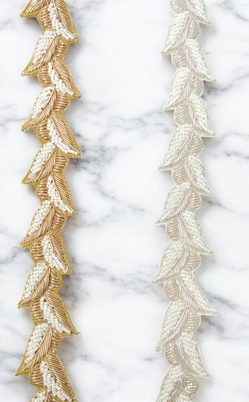 Twin Tone Pearl Leaf Lace – Gold & Silver Variants(Comes in 9 Meters)